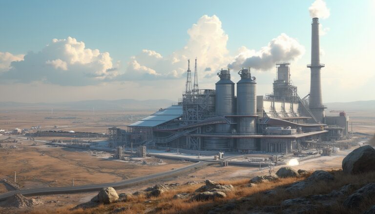 Industrial facility with smokestacks in a vast, open landscape under a cloudy sky.