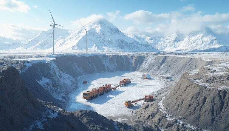 Snowy excavation site with wind turbines and orange industrial vehicles, surrounded by mountains.