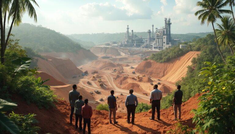 Seven people overlook a large industrial construction site surrounded by lush green hills.