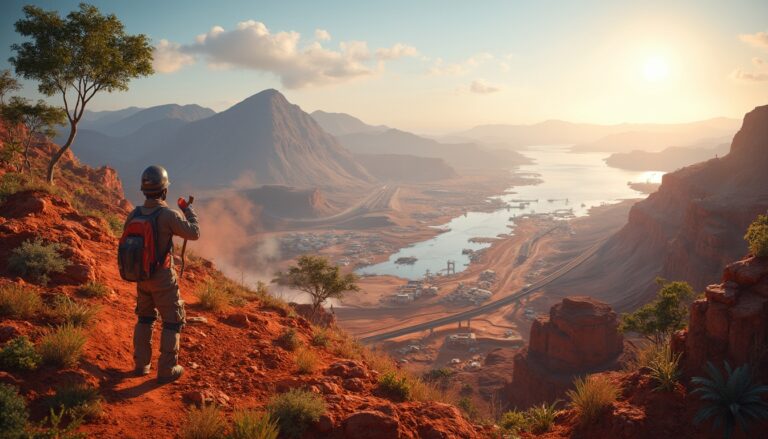 Explorer on a rocky hill admires a vast valley with a river at sunset.