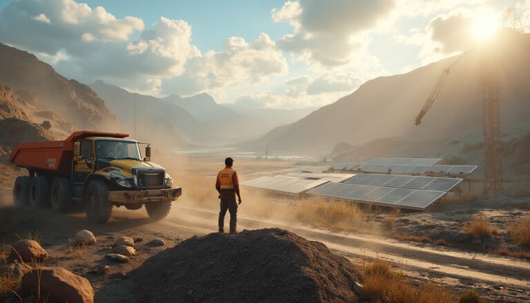 Worker and truck near solar panels in a rugged, sunlit landscape under a cloudy sky.