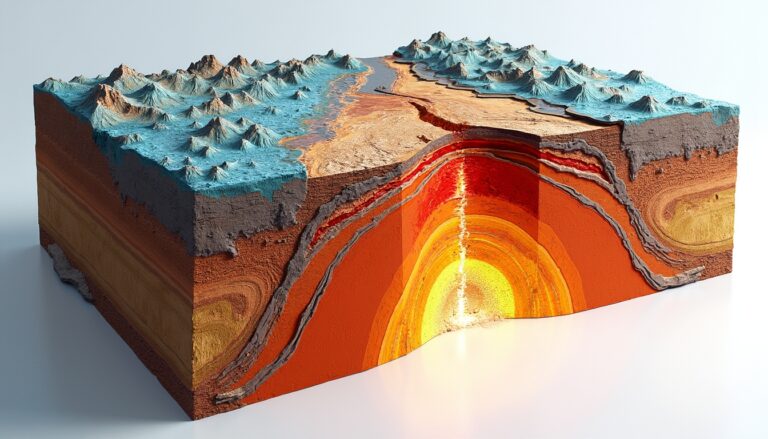 Cross-section of Earth's layers, showing mountains, crust, mantle, and glowing core.