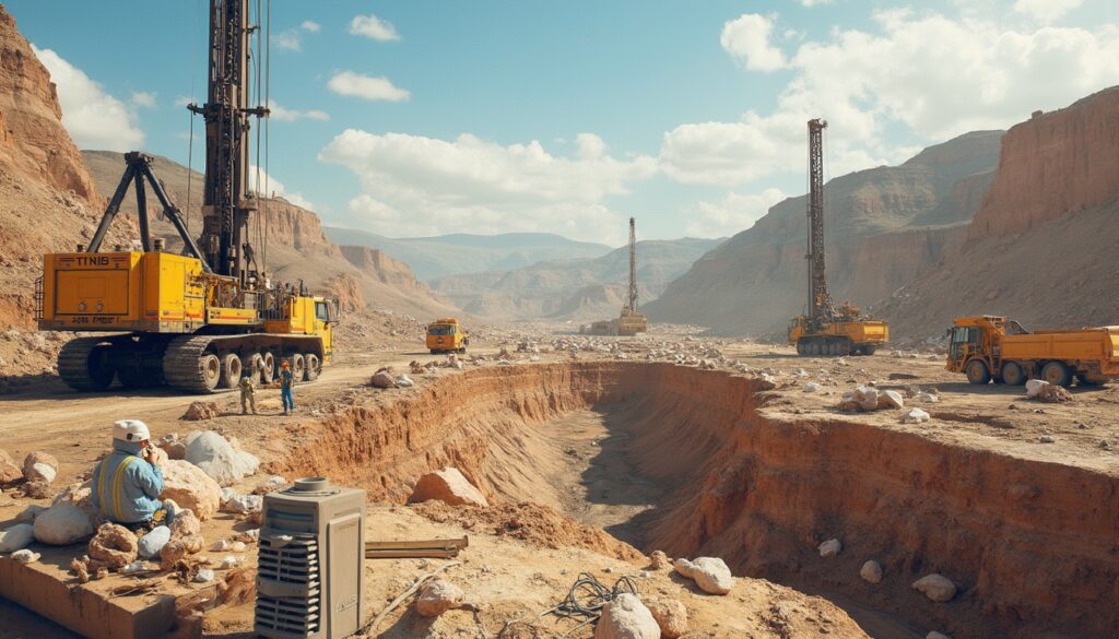 Construction site with heavy machinery in a desert canyon under a blue sky with scattered clouds.