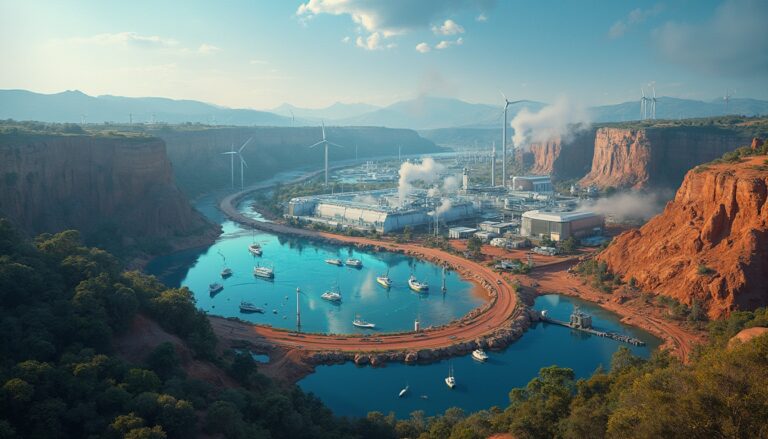 Industrial facility with wind turbines by a winding river in a canyon, boats on the calm water.