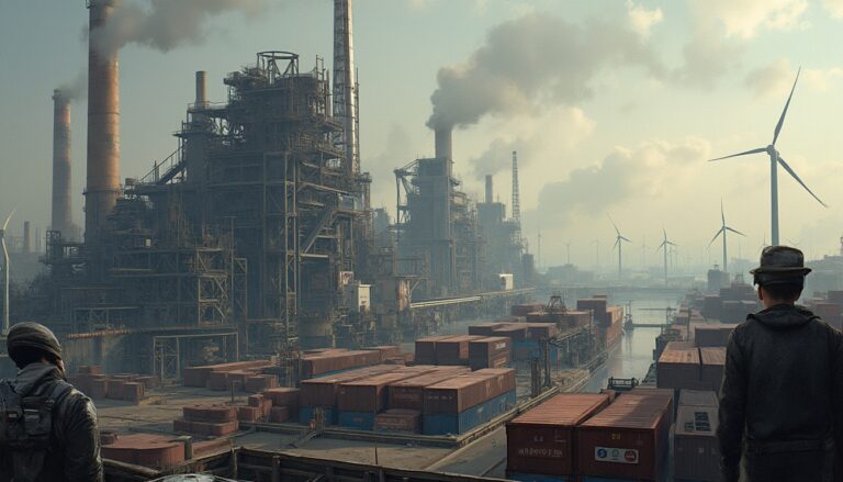 Industrial complex with smokestacks, wind turbines, and shipping containers. Two figures stand nearby.