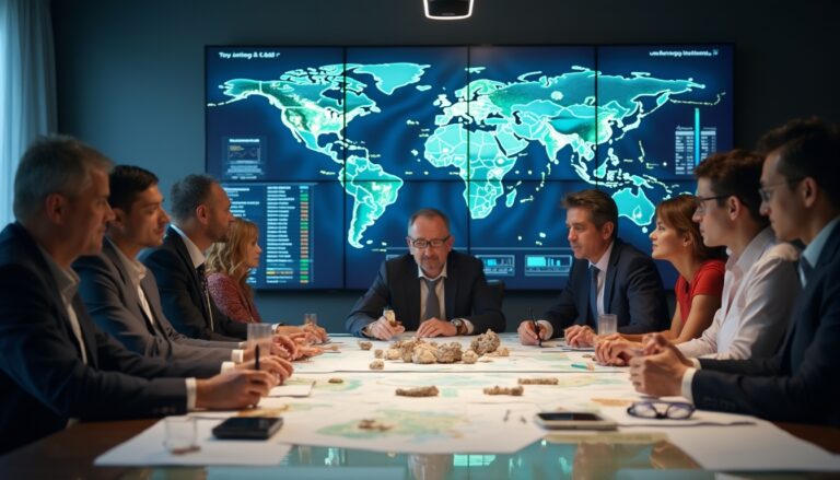 Business team in meeting room with world map screens and natural samples on table.