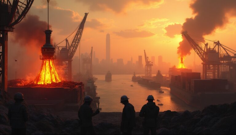 Silhouetted workers at a fiery industrial port during sunset, with city skyline in the background.