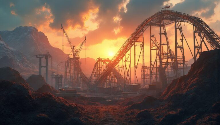 Sunset over a large, under-construction roller coaster in a mountainous landscape.