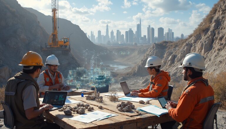 Engineers at a construction site using laptops, with a city skyline in the background.