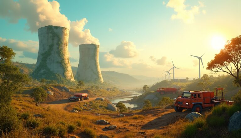 Scenic view of cooling towers and wind turbines amidst trucks on a dirt road at sunset.