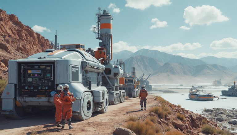 Futuristic industrial vehicle in a desert with mountains in the background. Workers walk nearby.