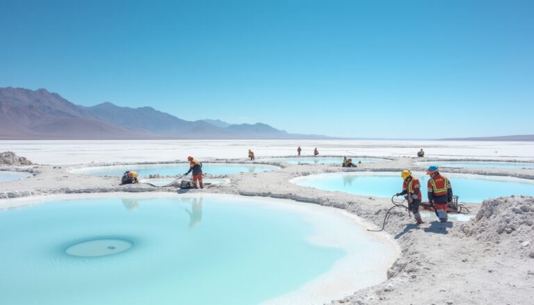 Workers in a desert mining site with blue pools and mountains in the background.