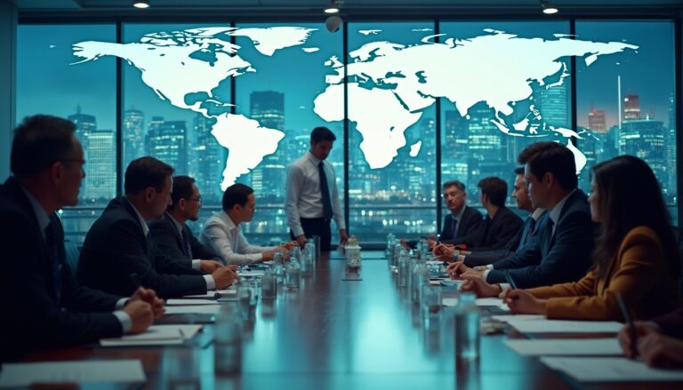 Business meeting in boardroom with a world map on the window and city skyline in the background.