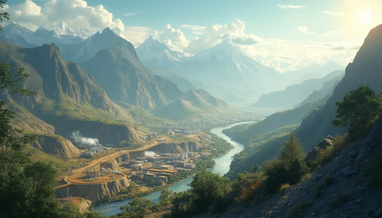 Scenic mountain valley with river, road, and industrial buildings under a clear blue sky.