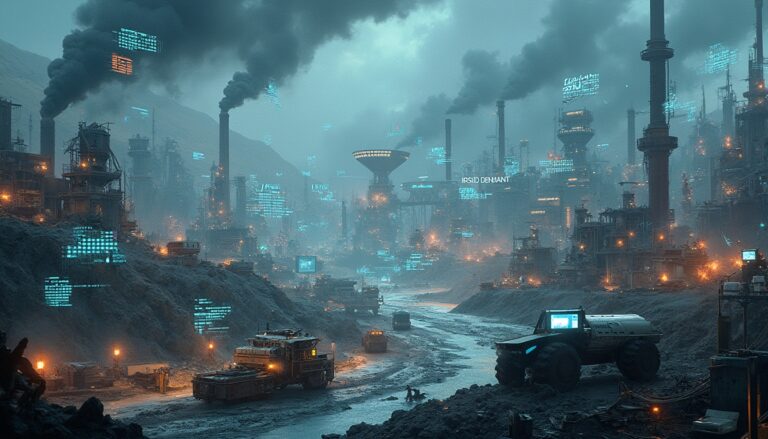 Futuristic industrial cityscape with smoke, heavy machinery, and digital elements in a foggy atmosphere.