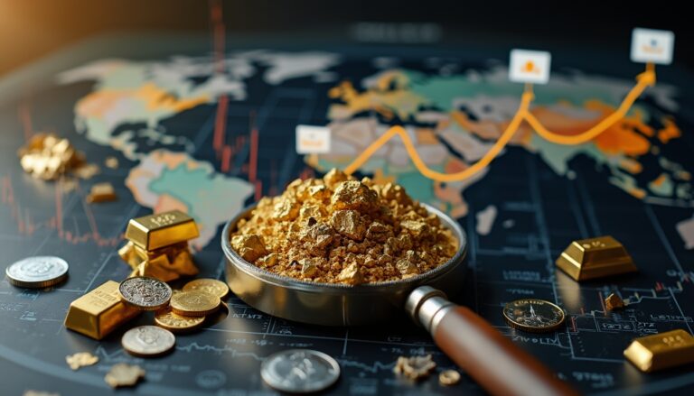 Gold nuggets and coins on a financial chart background, suggesting global economic trends.