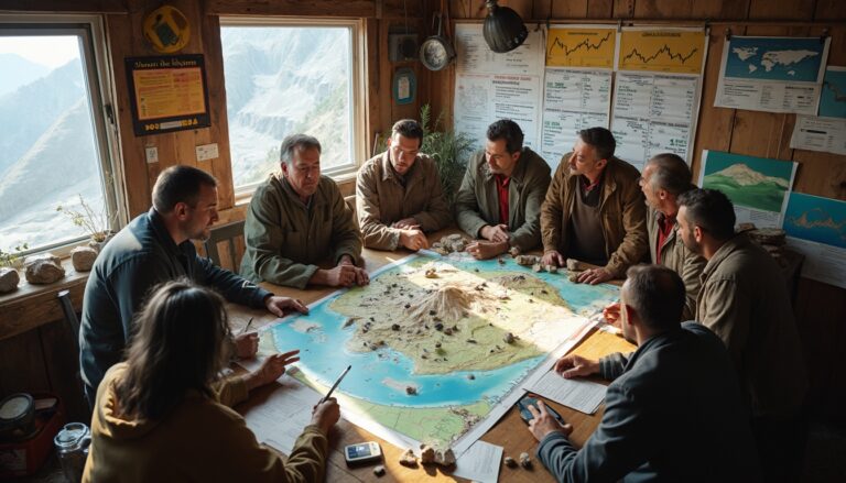 Group of people discussing a map in a cozy, wood-paneled room with charts on the walls.