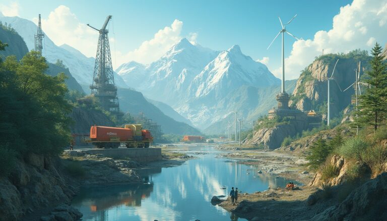 Mountain landscape with wind turbines and industrial machinery by a river under a clear blue sky.