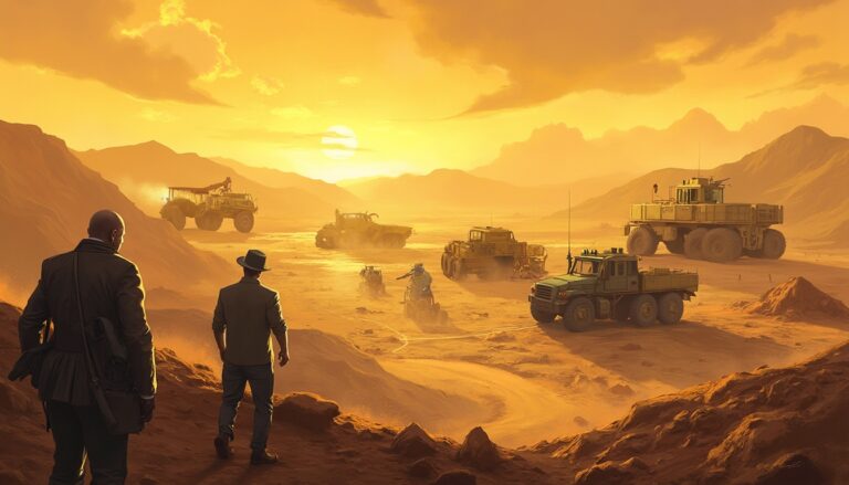 Men observing large vehicles in a desert landscape at sunset.