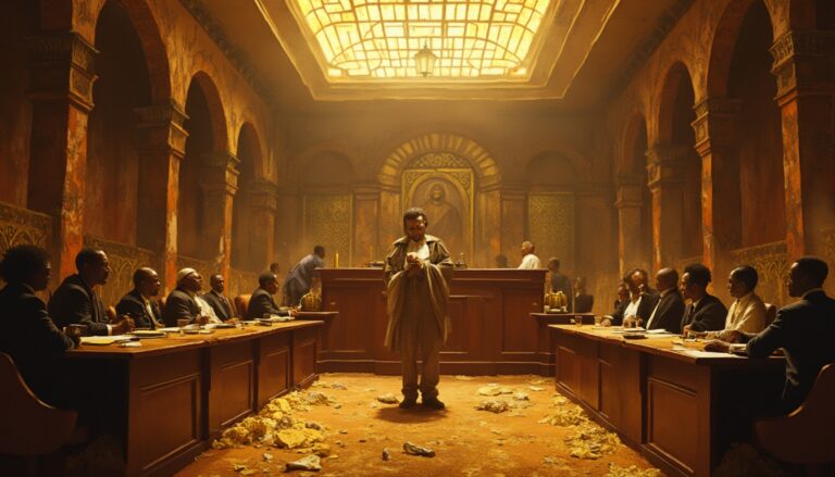 Dimly lit courtroom with people at a long table, centered man in robes under ornate ceiling.