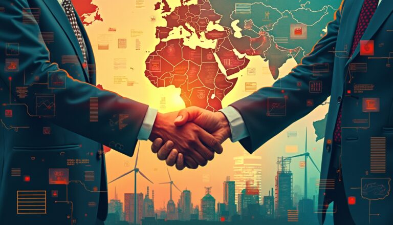 Two people in suits shake hands over a cityscape and a world map, symbolizing global business.