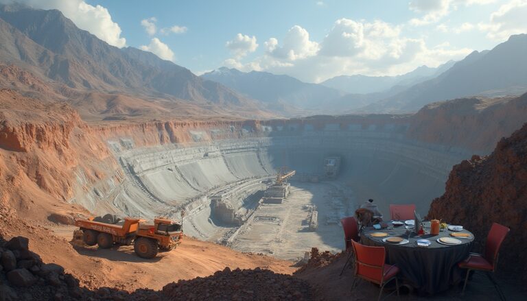 A dining table overlooking a vast open-pit mine with mountains in the background.