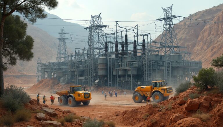 Industrial facility with heavy machinery and workers in a desert landscape.