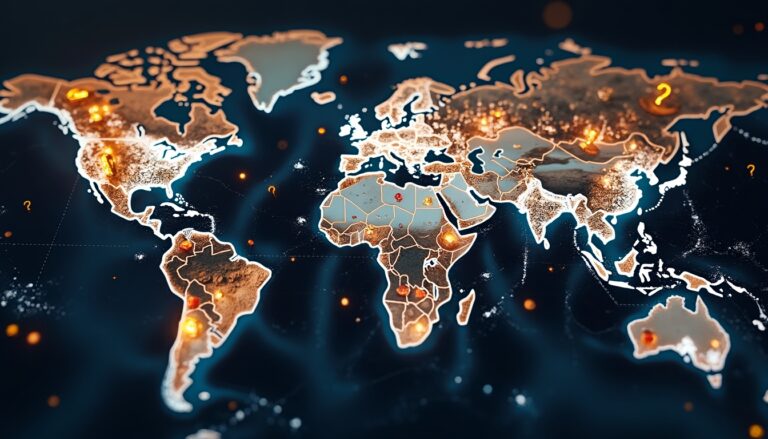 Glowing world map with question marks and illuminated spots across various continents.