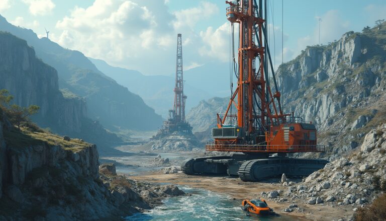 Tall drilling rigs in a rocky canyon with a small orange vehicle by a flowing stream.