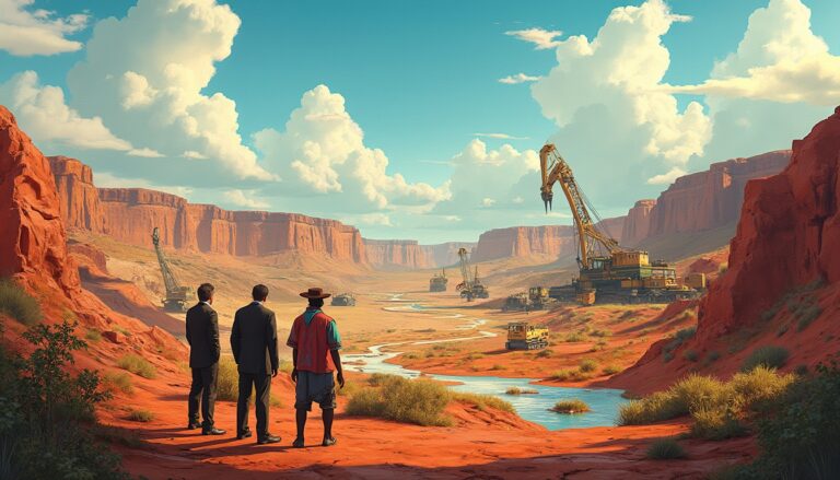 Three people observe large machines in a sunset-lit desert canyon with a small stream.