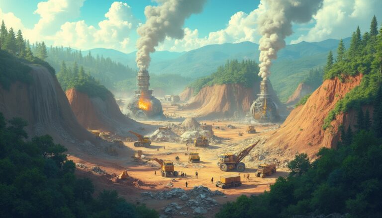 Futuristic mining operation in a forested valley with giant machines and smoke rising into the sky.