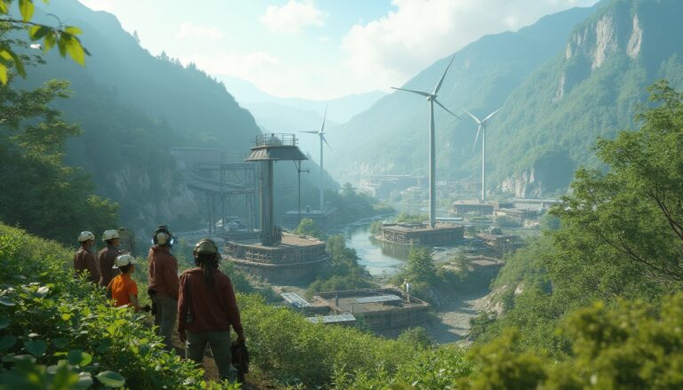 People observing a wind farm in a lush valley with mountains in the background.