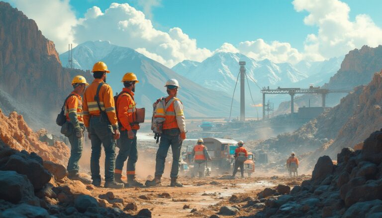 Five workers in safety gear at a rocky industrial site with mountains and machinery in the background.