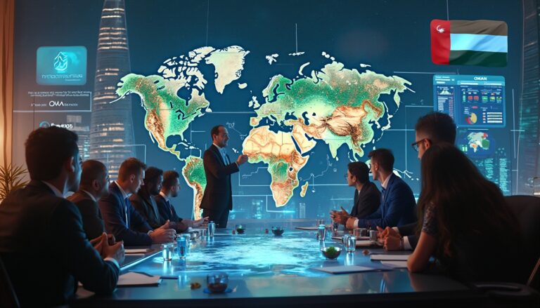 Business meeting in a modern room with a large world map and digital displays on a screen.