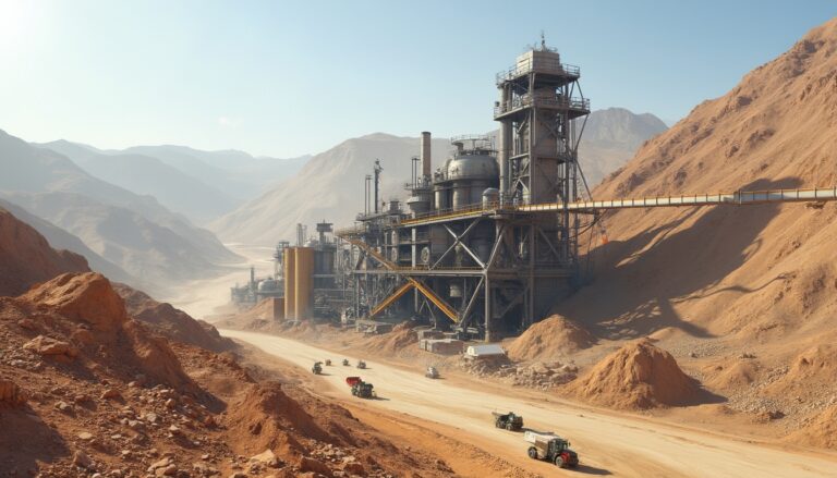 Industrial plant in a desert canyon with trucks on a sandy road, surrounded by rugged mountains.