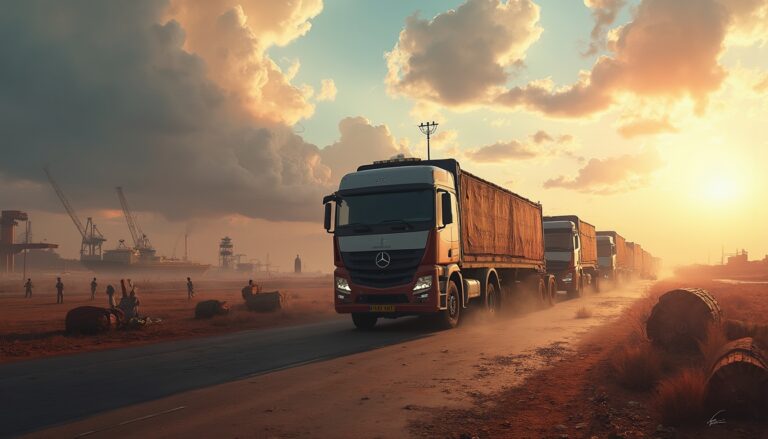 Trucks driving through a dusty road at sunset, with cranes and factories in the background.