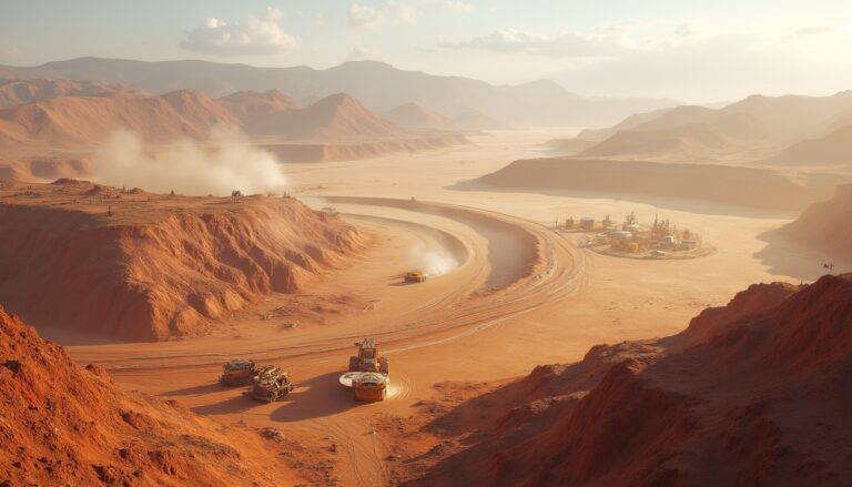 Desert landscape with industrial equipment and vehicles, surrounded by dusty orange hills, under a clear sky.