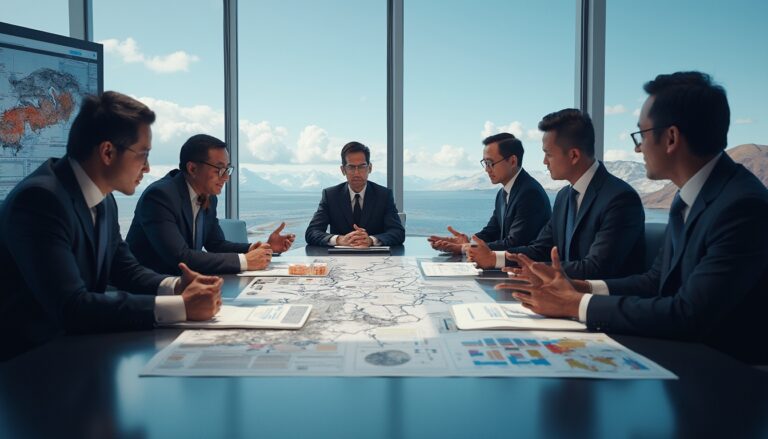 Six businesspeople in a meeting, discussing documents on a table, with a scenic window view.