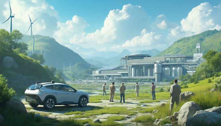 People observe a futuristic facility in a lush, green valley with wind turbines in the background.