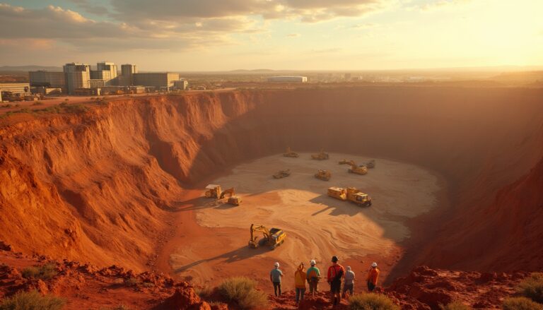 Sunlit open-pit mine with machinery, engineers in foreground, industrial buildings in the background.