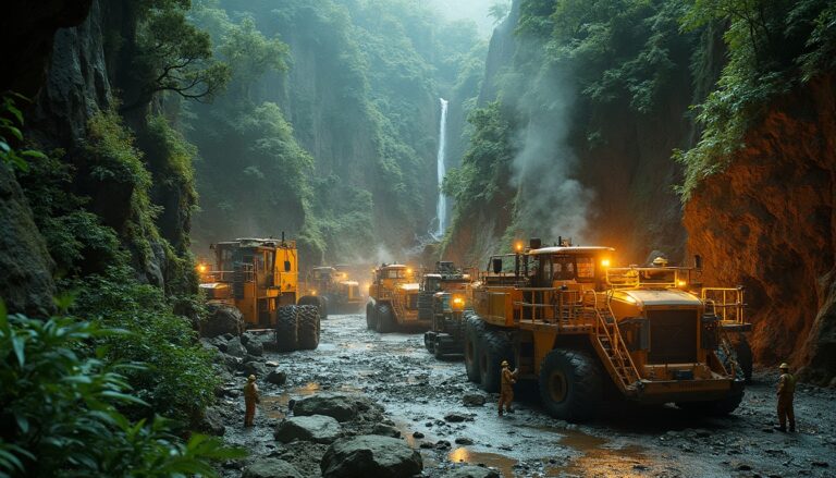 Heavy machinery in a lush canyon, smoke rising, with a waterfall in the background.