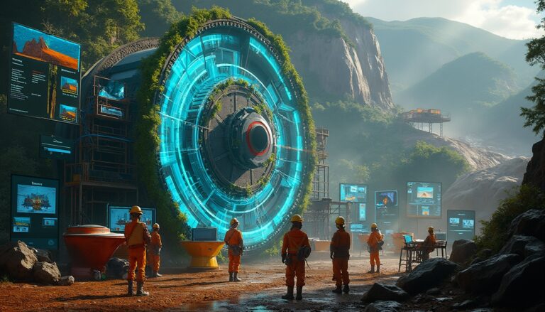 Futuristic scene with workers around a large, glowing blue ring in a forested landscape.