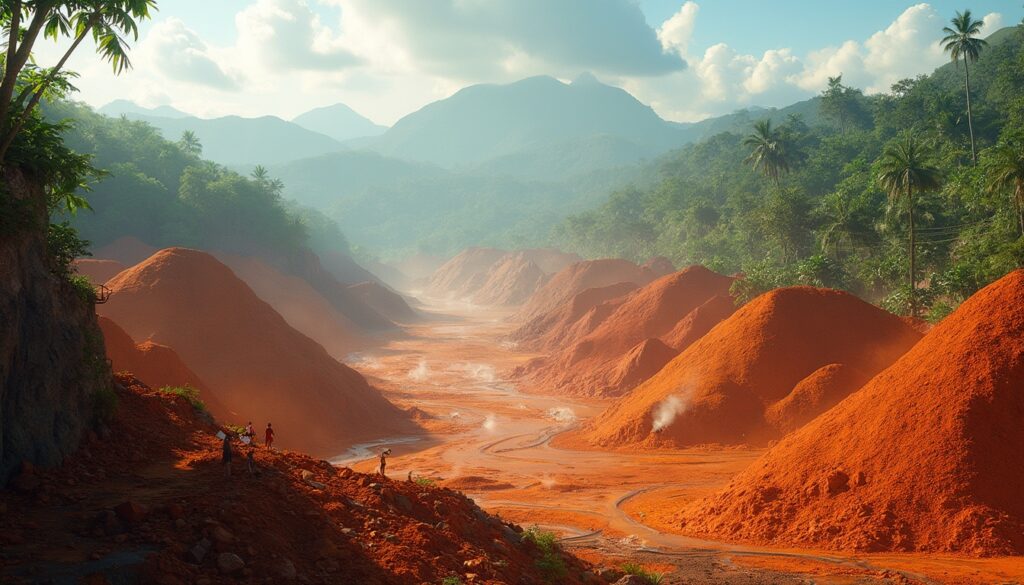 Vibrant orange clay mounds in a lush, green valley with distant mountains under a cloudy sky.