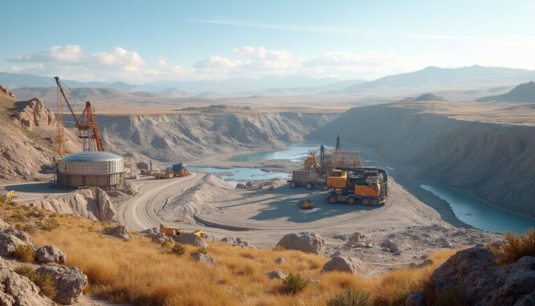 Construction site with machinery near a water body in a rocky, mountainous landscape.