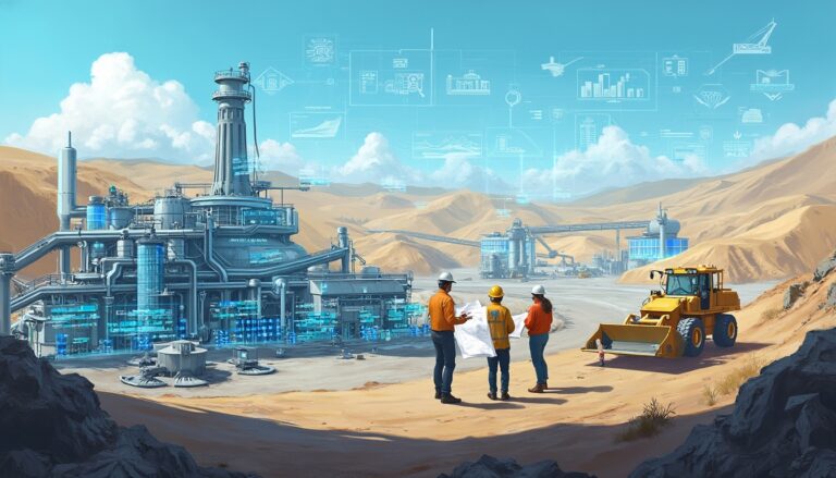 Three engineers with plans observe futuristic factory in a desert landscape, holographic data above.