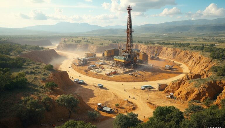 Oil drilling rig in a dusty landscape surrounded by hills and scattered greenery under a cloudy sky.