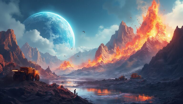 Fiery volcanic landscape with trucks and a distant large blue planet in the sky.