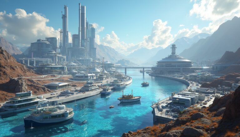 Futuristic cityscape with industrial buildings, a blue river, and boats under a clear sky.