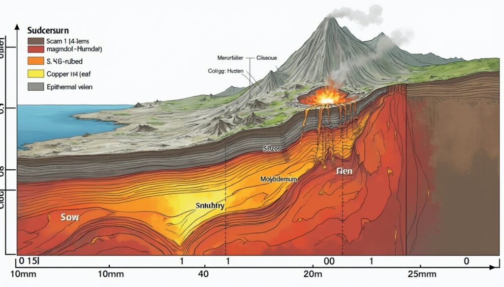 Cross-section of a volcano showing labeled geological layers and lava flow paths.