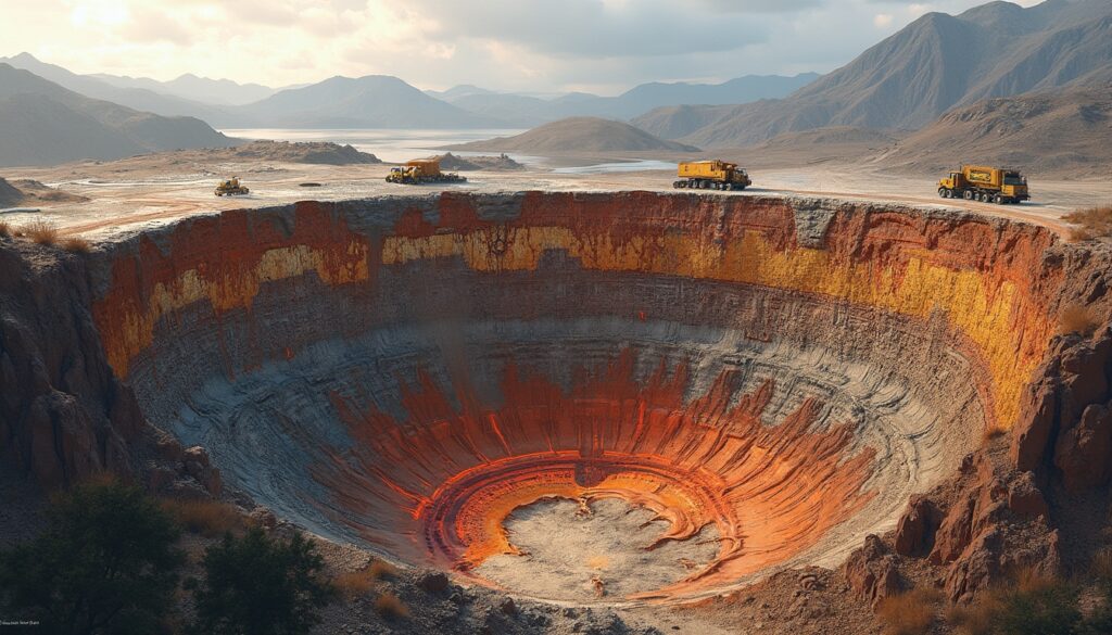 A large mining pit with vibrant red and yellow soil, surrounded by trucks under a cloudy sky.